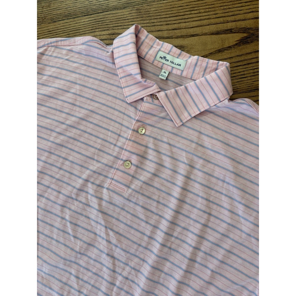 Peter Millar Crown Men's XL Englewood Stripe‎ Cotton Lisle Polo Shirt Pink/Blue